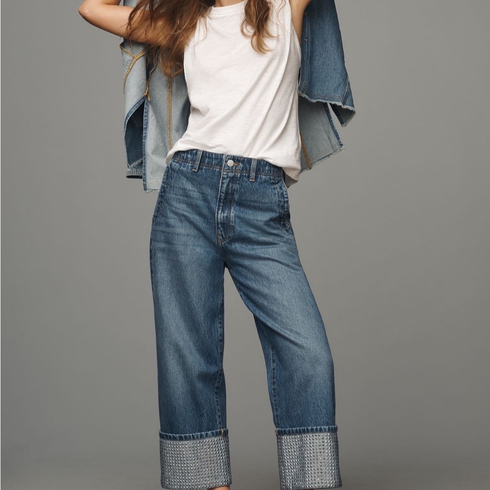 Anthropology Blue Flare Wide-Leg Jeans with Cuffed Hem